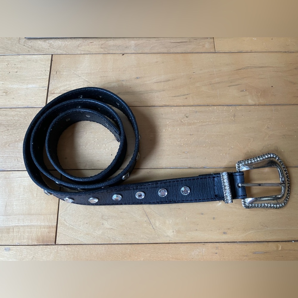 Leather belt with rhinestone studs